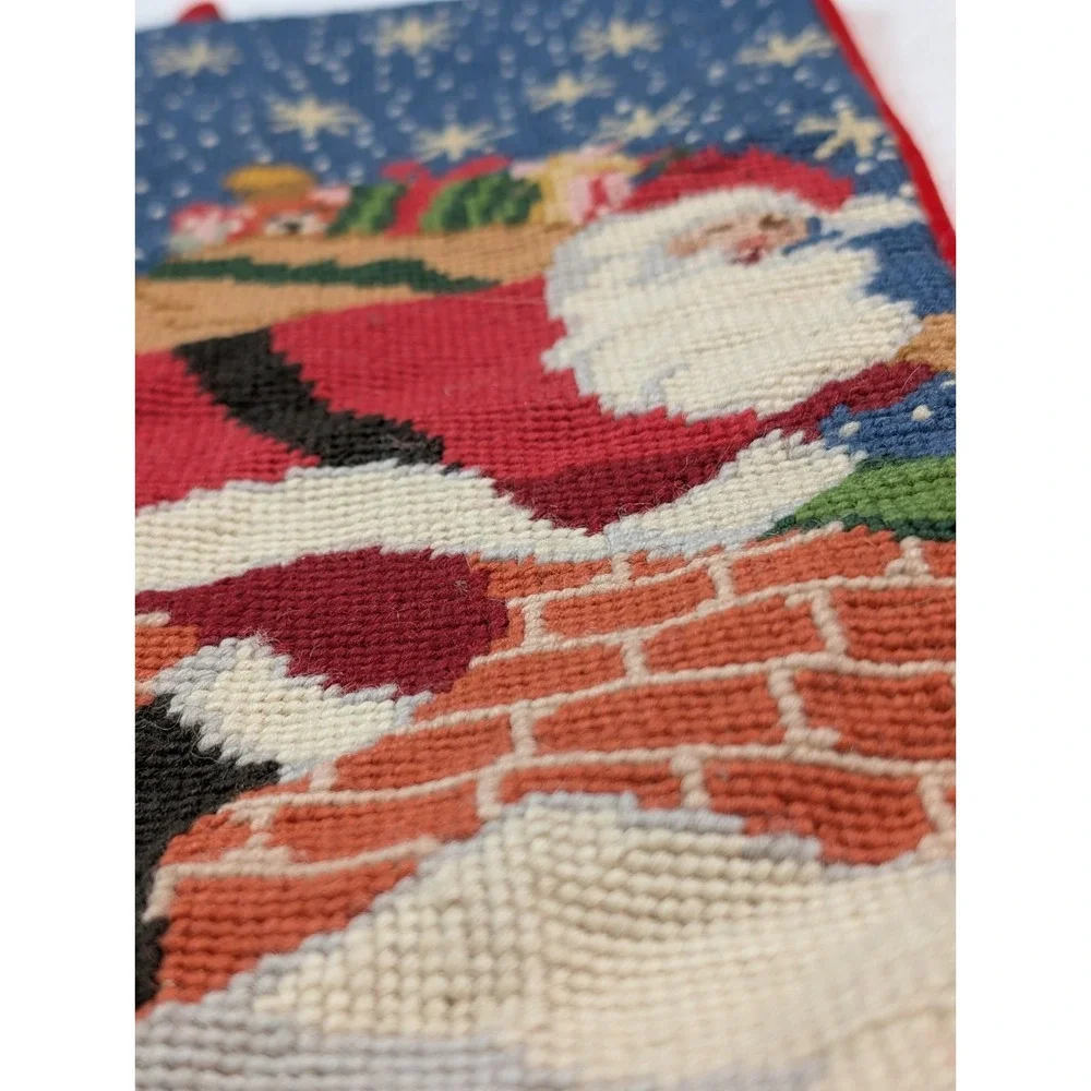 Vintage Christmas Stocking Wool Needlepoint Santa Chimney Roof Bag of Toys Stars